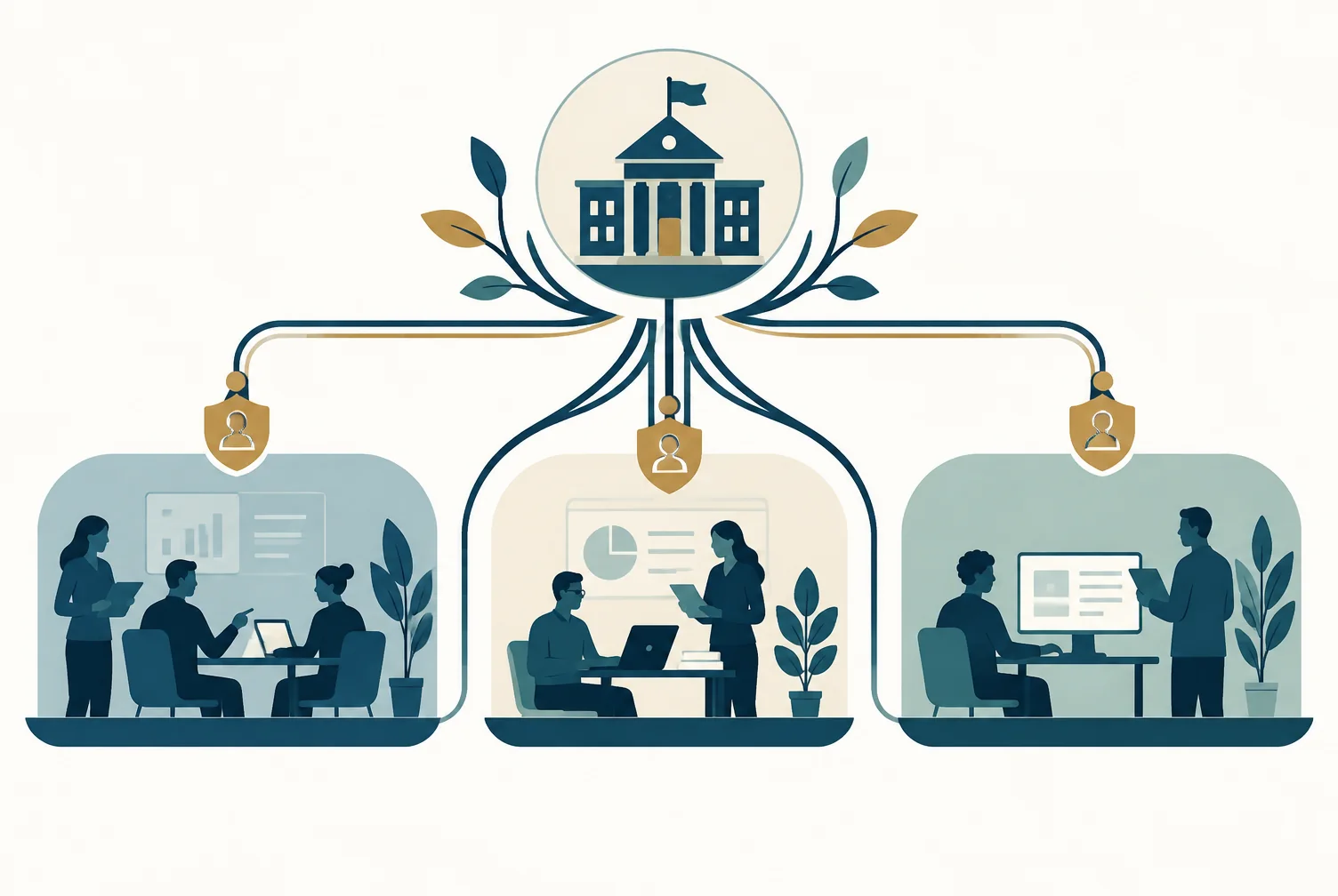 Illustration of protected organization workspaces and role-based access.