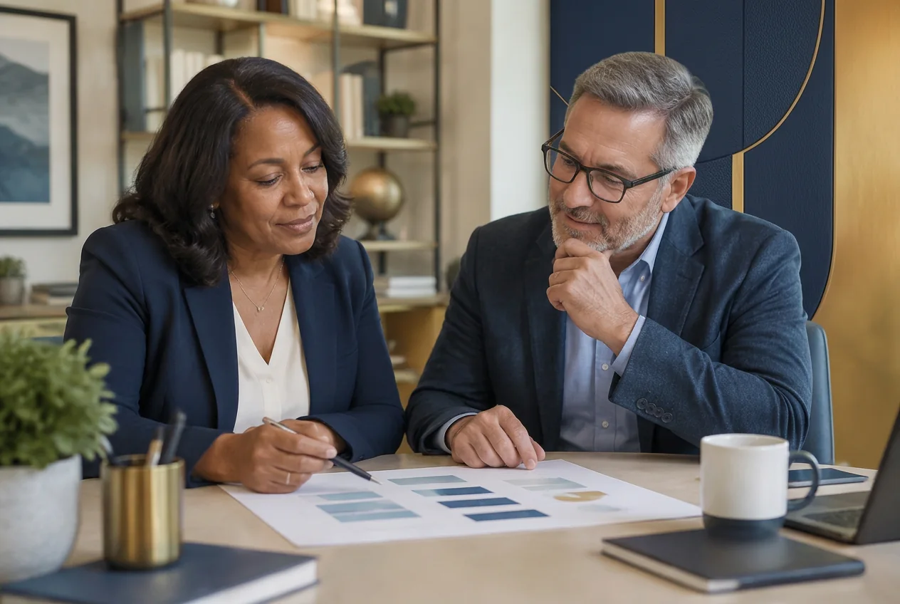 An organization leader reviewing a practical growth plan with an adviser.
